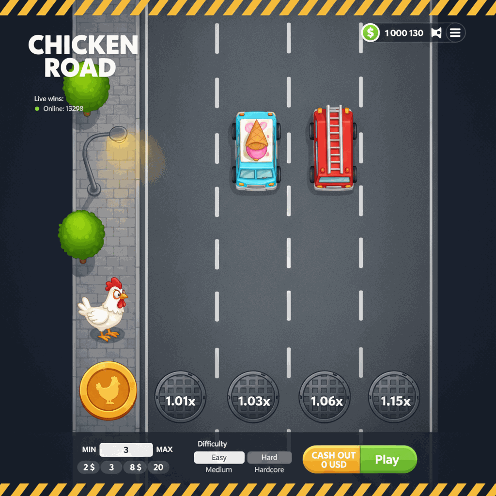 Chicken Road Crash-Spiel: Ein weißes Cartoon-Huhn steht am Straßenrand und bereitet sich vor, eine mehrspurige Straße zu überqueren, während auf den Fahrspuren Autos fahren und Multiplikatoren auf Kanaldeckeln zu sehen sind