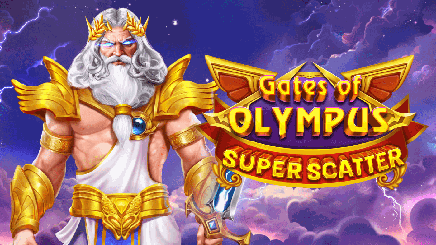 Gates of Olympus SUPER SCATTER: Zeus mit weissem Haar, goldener Krone und Flammen-Schulterpanzer thront vor rosa-violettem Wolkenhimmel und goldenem Tempel, umgeben von Symbolen wie rotem Kristallball, gruenem Erdglobus, violettem Kristall und blauem Diamant auf dem bordeauxroten Walzenfeld mit goldenem Zierrahmen.